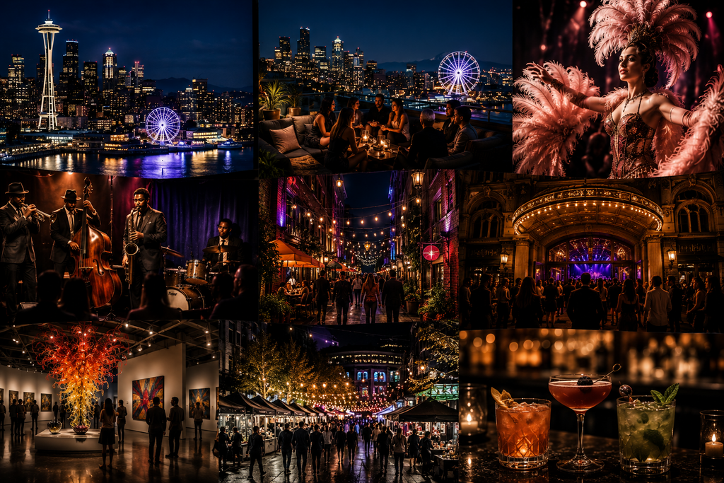 Editorial-style collage featuring Seattle after dark with iconic skyline views, live jazz performances, theater, cabaret, rooftop lounges, vibrant nightlife streets, evening markets, art galleries, and handcrafted cocktails, showcasing a variety of memorable nighttime experiences throughout the city.