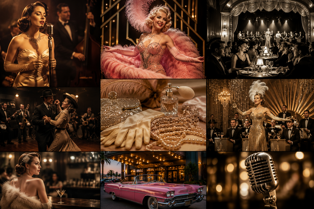 Editorial-style collage inspired by vintage glamour entertainment, featuring elegant supper clubs, classic jazz performances, Art Deco theater interiors, retro fashion, timeless stage shows, antique microphones, vintage automobiles, and 1940s-inspired nightlife that celebrates the golden age of live entertainment.