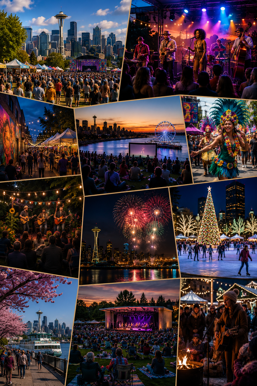 Portrait-style editorial collage showcasing Seattle’s year-round festivals with outdoor concerts, neighborhood celebrations, cultural performances, artisan markets, waterfront events, holiday festivities, fireworks, seasonal live music, and community gatherings across the city.