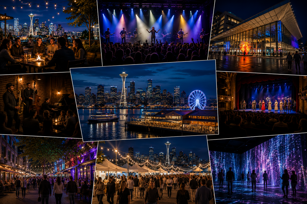 Landscape editorial collage featuring Seattle’s diverse nightlife with live music venues, performing arts theaters, cultural attractions, waterfront dining, immersive art experiences, bustling entertainment districts, outdoor festivals, and iconic skyline views that showcase unforgettable weekend experiences.