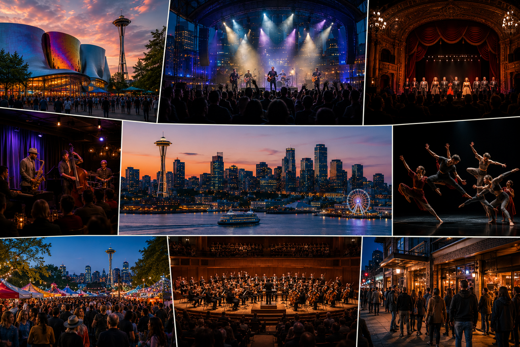 Landscape editorial collage showcasing why Seattle is a premier destination for live entertainment, featuring renowned theaters, concert halls, jazz performances, dance productions, outdoor festivals, cultural venues, orchestral concerts, and iconic skyline views that celebrate the city’s thriving performing arts community.