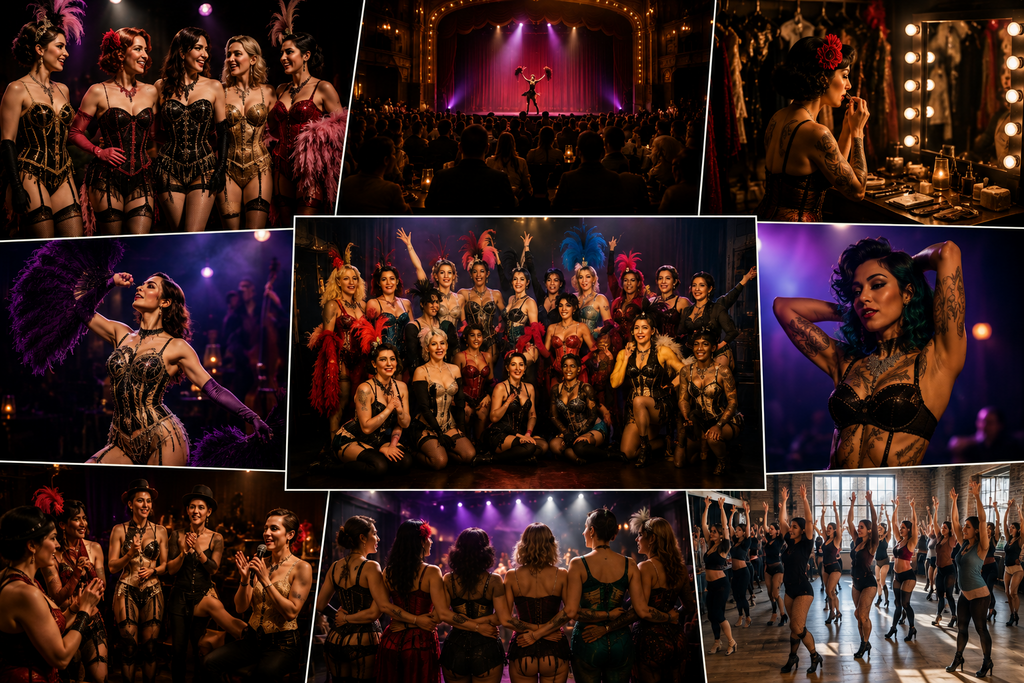Landscape editorial collage celebrating Seattle’s vibrant burlesque community, featuring diverse performers, glamorous stage productions, vintage-inspired costumes, backstage preparation, collaborative rehearsals, audience engagement, and artistic performances that showcase the creativity and inclusiveness of the city’s burlesque arts scene.