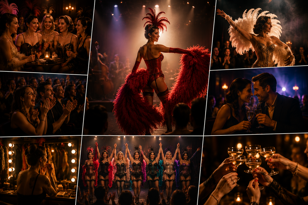 Landscape editorial collage capturing the unforgettable experience of a Seattle burlesque show with elegant stage performances, expressive storytelling, glamorous costumes, captivated audiences, romantic date night moments, celebratory applause, and sophisticated cabaret entertainment that creates lasting memories.